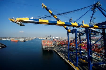 FILE PHOTO: A ship loaded with containers is pictured at Yusen Terminals on Terminal Island at the Port of Los Angeles