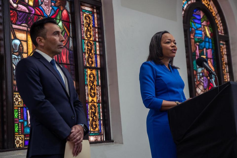 Assistant Atty. Gen. Kristen Clarke, right, and U.S. Atty. E. Martin Estrada