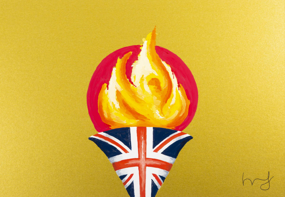 Fraser's stunning piece, fusing the Olympic Flame and the Japanese flag on a torch adorned with the Union Jack, was presented to Sbihi and will adorn sales boards this summer 