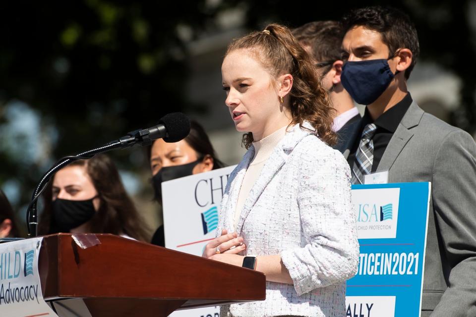 Grace French, a survivor and the founder and president of The Army of Survivors, speaks during a rally in support of HB 951 on the steps of the Pennsylvania State Capitol Complex on Monday, Sept. 20, 2021, in Harrisburg.