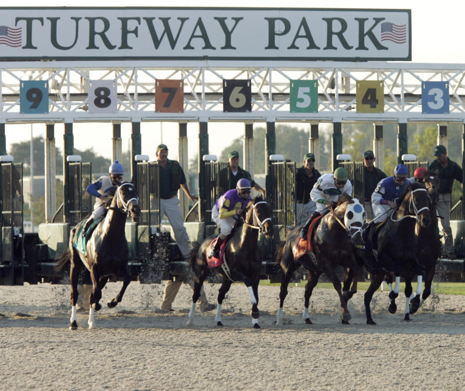 FILE - In this file photo taken Sept. 7, 2005, horses break out of the gate on the new Polytrack surface at Turfway Park in Florence, Ky. While tracks in other states have parlayed casino gambling into higher purses. Kentucky lawmakers have resisted allowing such a move. Track executives says that without the infusion of casino gambling money, the winter haven for Kentucky horse racing could someday turn into a shopping mall. (AP Photo/Al Behrman, File)