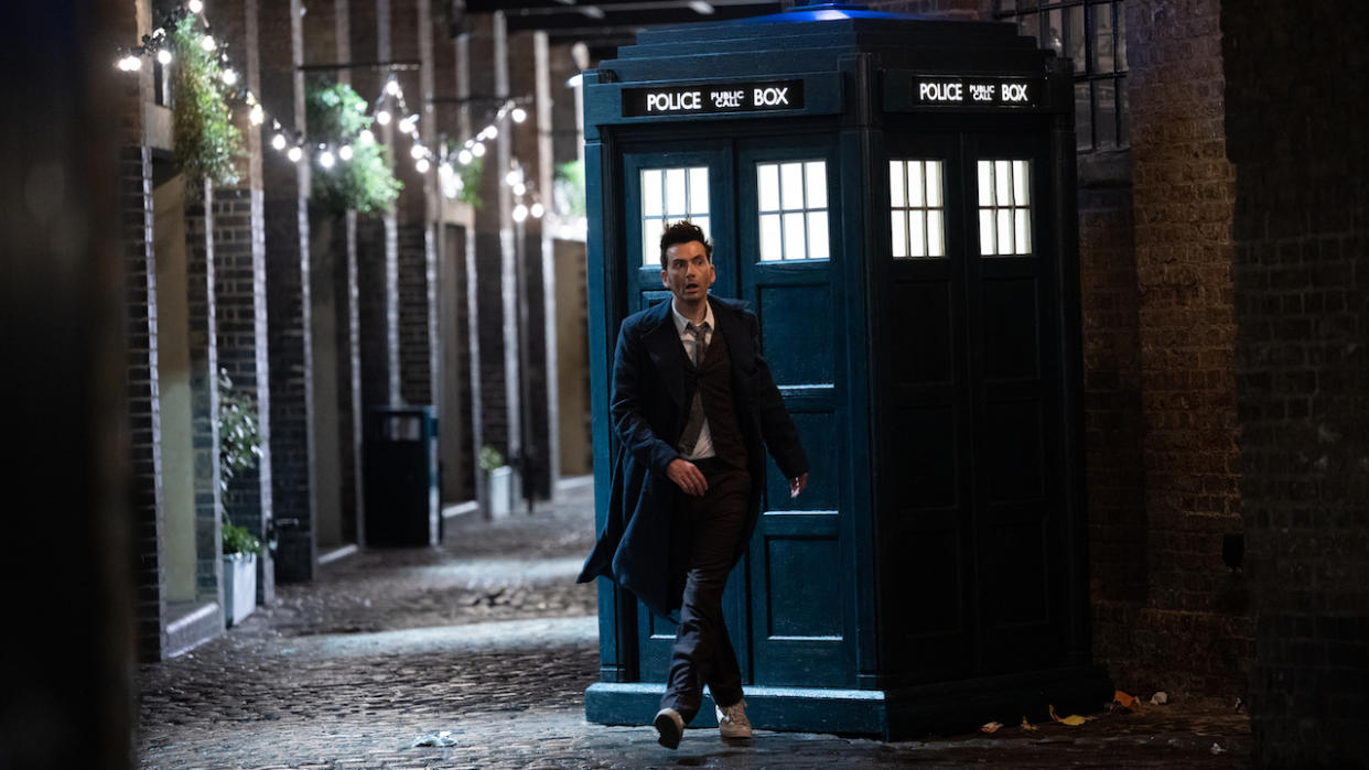  David Tennant's Fourteenth Doctor walking away from TARDIS on Doctor Who. 