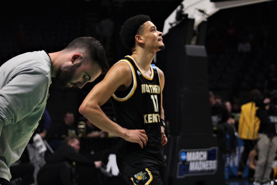 NKU fifth-year senior Xavier Rhodes reacts to the end of his final game as Northern Kentucky fell to Houston 63-52 in the first round of the NCAA Tournament March 16, 2023, at Legacy Arena, Birmingham, Alabama.