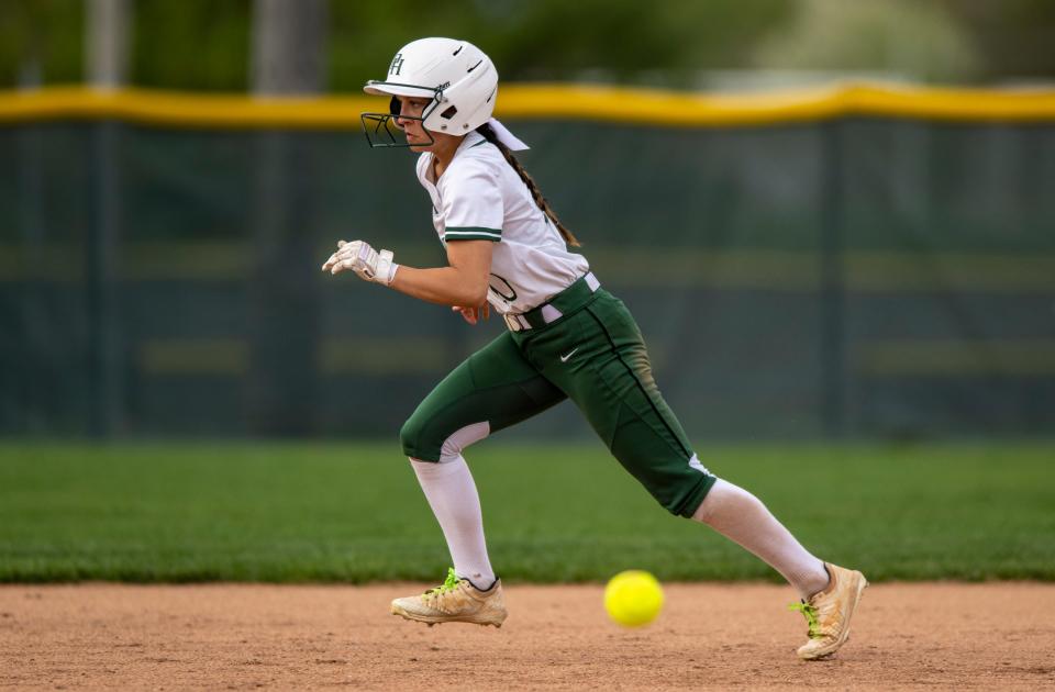 Pendleton Heights High School sophomore Kiah Hubble (10) run from second base during an IHSAA softball game against Frankton High School, Monday, April 25, 2022, at Pendleton Heights High School.