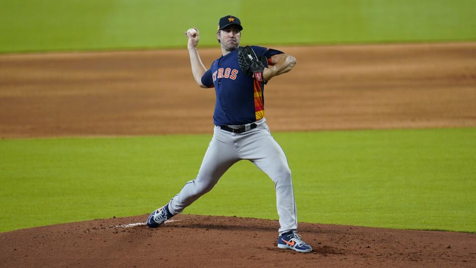 Mandatory Credit: Photo by David J Phillip/AP/Shutterstock (10706965p)Houston Astros starting pitcher Justin Verlander throws during a simulated baseball game, in HoustonAstros Baseball, Houston, United States - 09 Jul 2020.