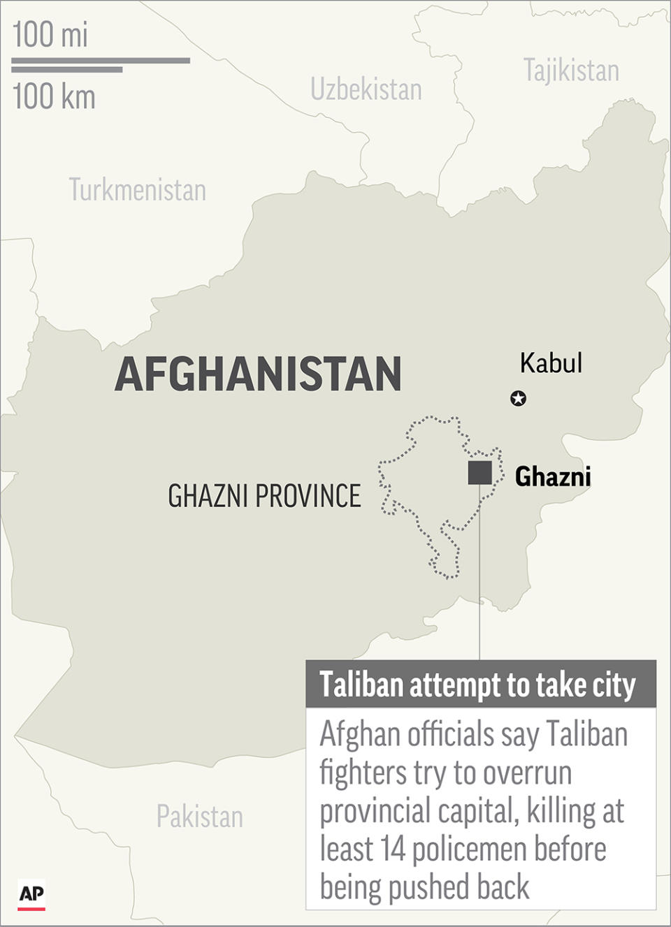 Map locates Ghazni in Afghanistan, where Taliban fighters tried to take city; 1c x 2 inches; 46.5 mm x 50 mm;