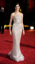 <p>A statuesque Anne Hathaway shone like a pearl in a Giorgio Armani shoulderless gown for the ages. <i>(Getty)</i> </p>