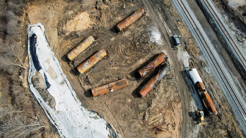 FILE PHOTO: Site of the derailment of a train carrying hazardous waste, in East Palestine, Ohio