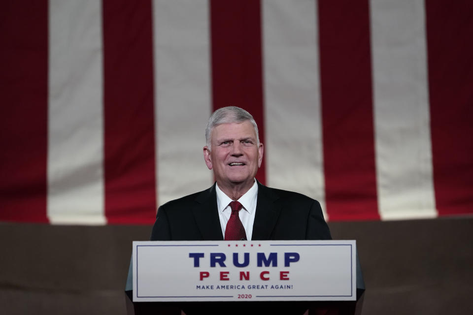 Franklin Graham recites a prayer for the fourth day of the Republican National Convention on Aug. 27. Graham has defended Trump, saying he has never been "a perfect person." (Photo: Susan Walsh/Associated Press)