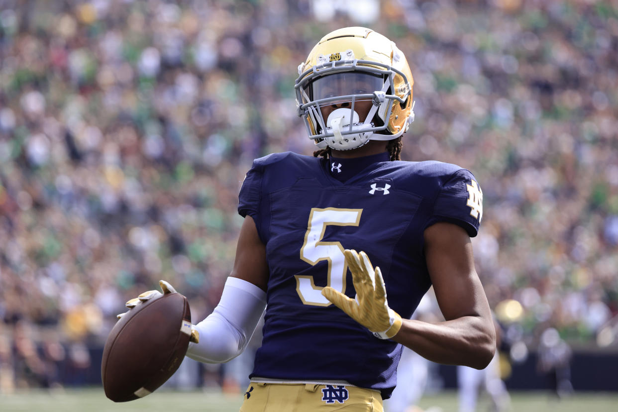 SOUTH BEND, INDIANA - SEPTEMBER 16: Tobias Merriweather #5 of the Notre Dame Fighting Irish celebrates a touchdown during the first half in the game against the Central Michigan Chippewas at Notre Dame Stadium on September 16, 2023 in South Bend, Indiana. (Photo by Justin Casterline/Getty Images)