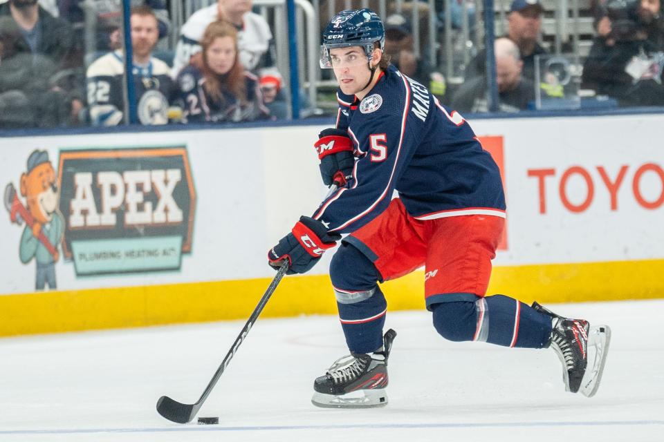 Oct. 5, 2023; Columbus, Ohio, United States;
Columbus Blue Jackets defenseman Denton Mateychuk (5) looks for a teammate to pass to during their game against the Washington Capitals on Thursday, Oct. 5, 2023 at Nationwide Arena.