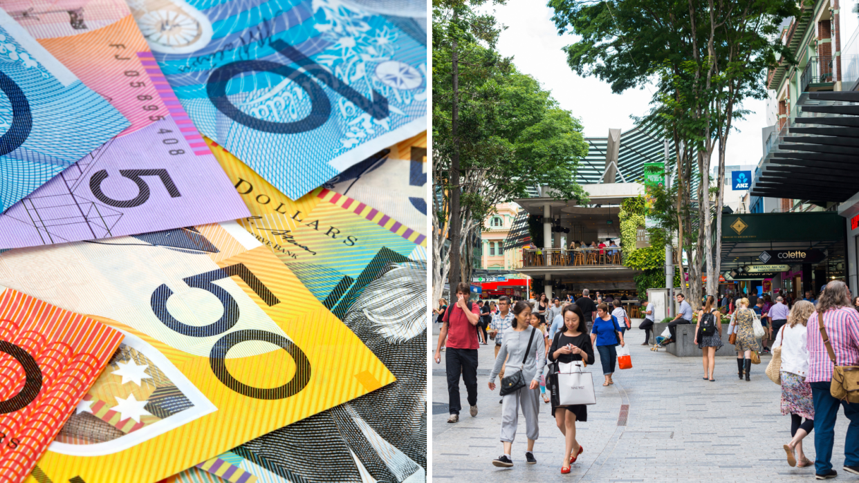 Composite image of Australian money and people walking in Brisbane city. Savings concept.