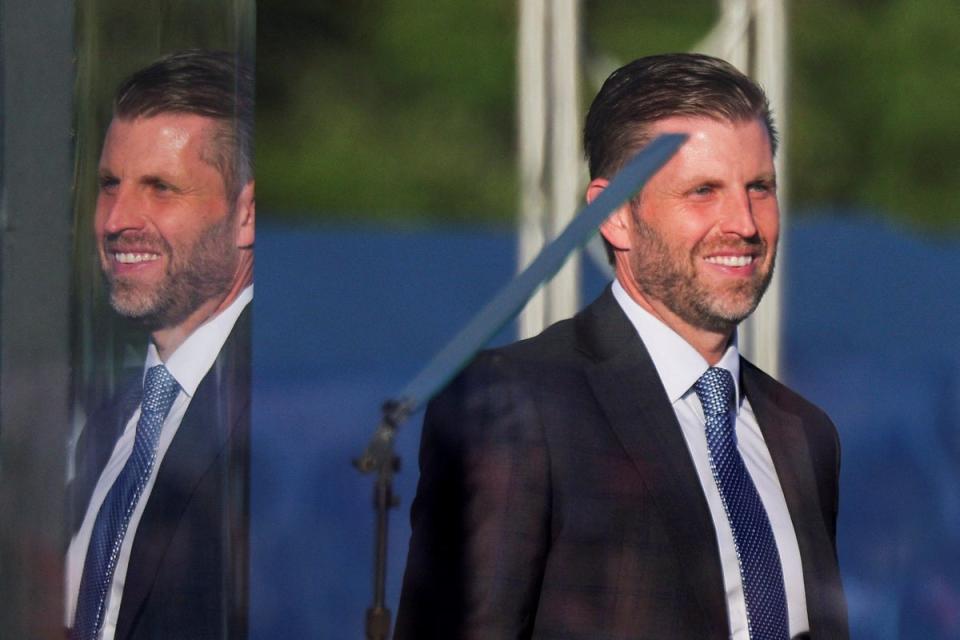 Eric Trump walks on stage at a rally by Republican presidential nominee and former U.S. President Donald Trump, on the day Donald Trump returns in Butler after the July assassination attempt against him, Pennsylvania, U.S., October 5, 2024. (REUTERS)