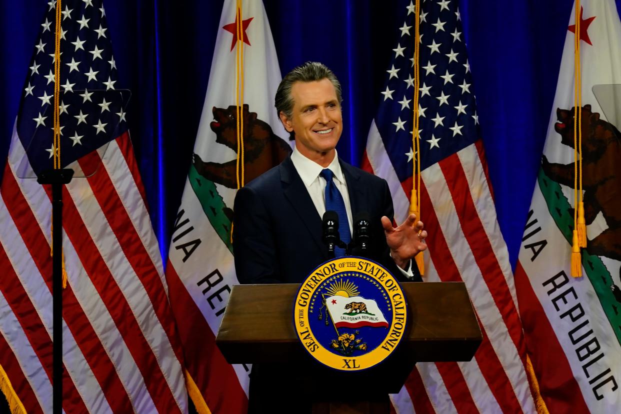 California Gov. Gavin Newsom delivers his annual State of the State address in Sacramento on March 8. (AP Photo/Rich Pedroncelli)