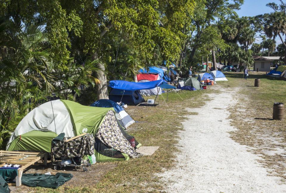 Tents just south of Sixth Avenue South in Tent City, a homeless encampment at John Prince Park west of Lake Worth Beach.