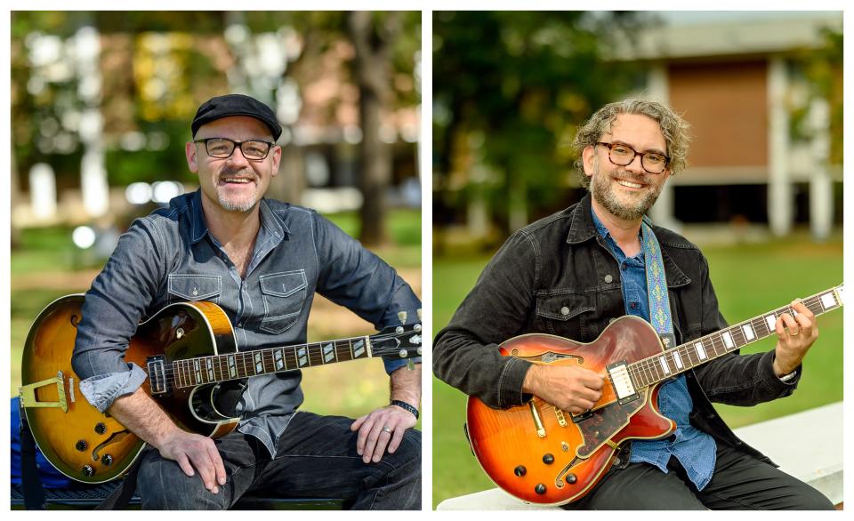 Beau Tackett, left, guitarist for Blake Shelton, and Adam Davis, former guitarist for Sturgill Simpson, both enrolled in graduate programs at Middle Tennessee State University to further their music careers.