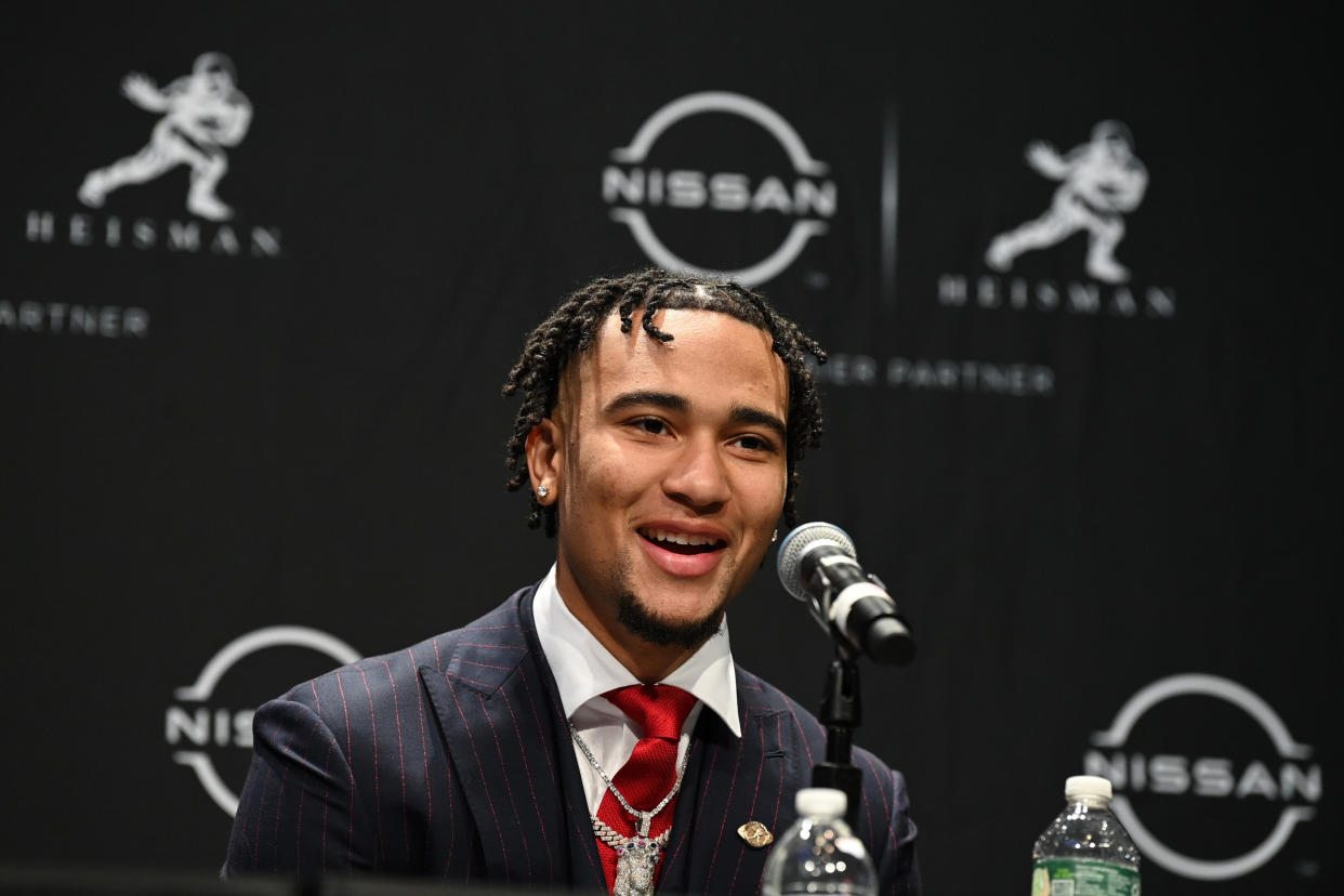 NEW YORK, NEW YORK - DECEMBER 11: The Heisman Trophy finalist quarterback C.J. Stroud from Ohio State speaks at the 2021 Heisman Trophy finalist press conference at the Marriott Marquis Hotel on December 11, 2021 in New York City. (Photo by Bryan Bedder/Getty Images)