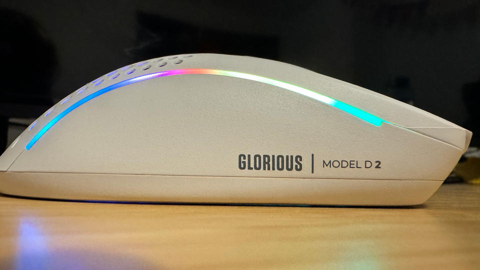 Glorious Model D 2 gaming mouse with RGB enabled.