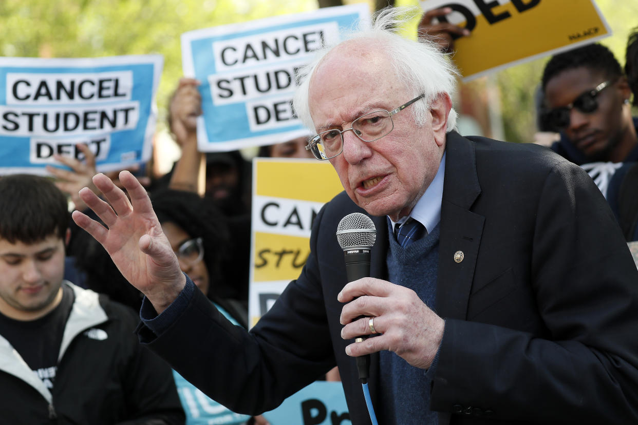 WASHINGTON, DC - APRIL 27: Sen. Bernie Sanders (I-VT) joins student debtors to again call on President Biden to cancel student debt at an early morning action outside the White House  on April 27, 2022 in Washington, DC. (Photo by Paul Morigi/Getty Images for We The 45 Million)