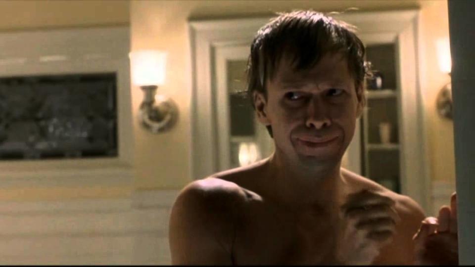 Donnie Wahlberg as Vincent Gray in 'The Sixth Sense' crying as he stands shirtless in a bathroom