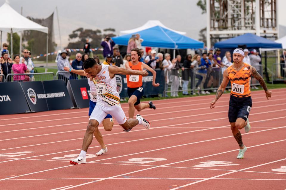 Jaydin Blackwell from Oak Park crosses the finishes line in a competition. Blackwell will be competing in at the Para Athletics World Championships in Paris