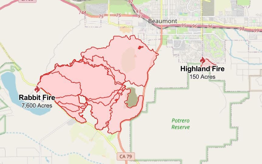 A map of where the Rabbit and Highland fires stood as of Sunday morning, July 16, 2023.