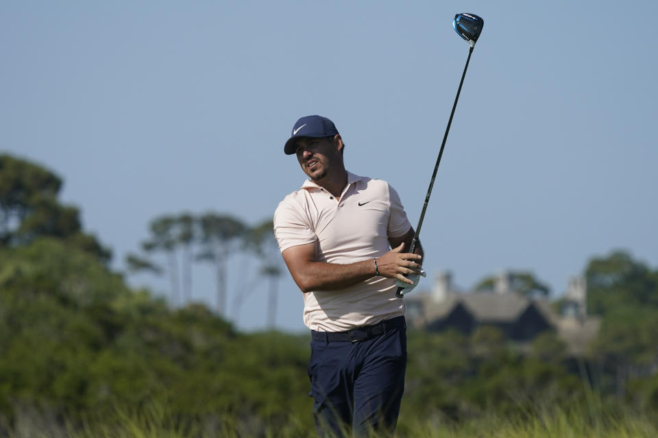 Brooks Koepka hits from the 11th hole during the final round at the PGA Championship golf tournament on the Ocean Course, Sunday, May 23, 2021, in Kiawah Island, S.C. (AP Photo/Matt York)