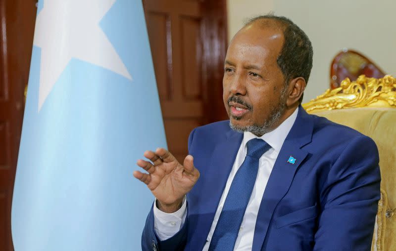 Somalia's President Hassan Sheikh Mohamud speaks during a Reuters interview in Mogadishu