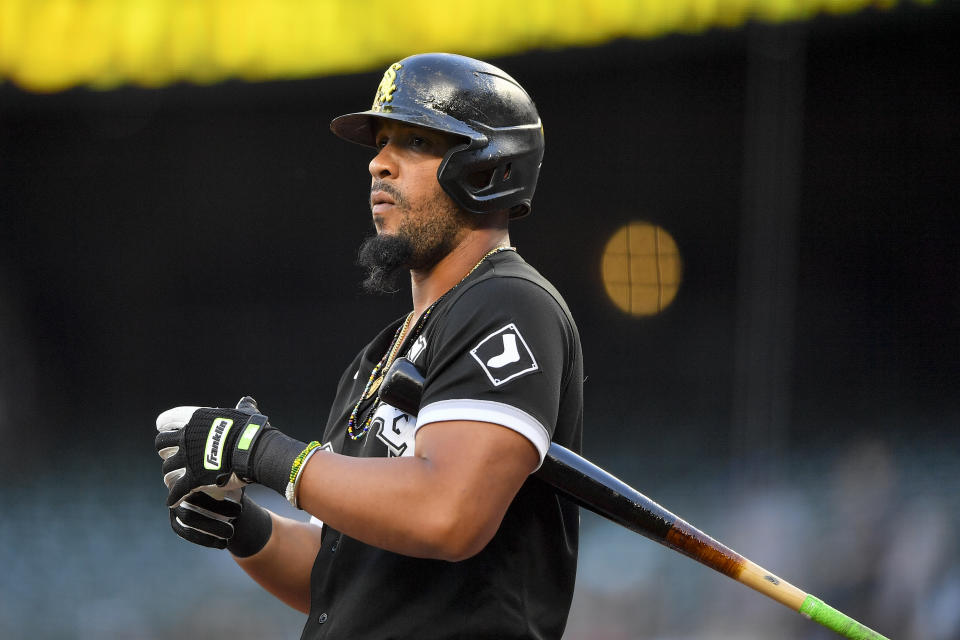 SEATTLE, WASHINGTON - SEPTEMBER 06: Jose Abreu #79 of the Chicago White Sox adjust his gloves during the first inning against the Seattle Mariners at T-Mobile Park on September 06, 2022 in Seattle, Washington. The Seattle Mariners won 3-0. (Photo by Alika Jenner/Getty Images)