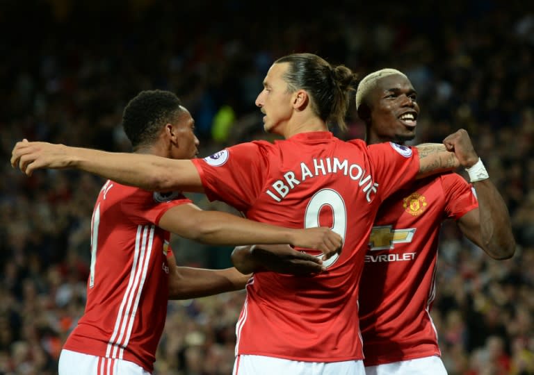 Manchester United's Zlatan Ibrahimovic (C) and Paul Pogba (R) both joined the club for the start of the season under new manager Jose Mourinho