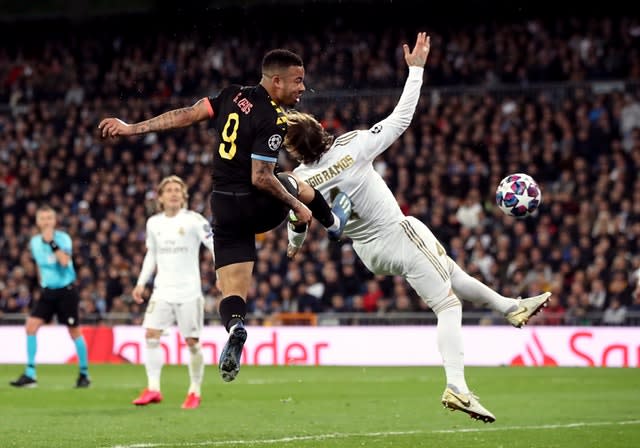 Gabriel Jesus heads home the equaliser at the Bernabeu