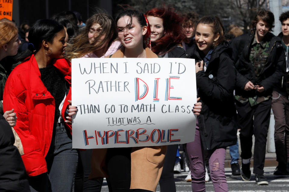 Students from Fiorello H. Laguardia High School&nbsp;walk out of their school.