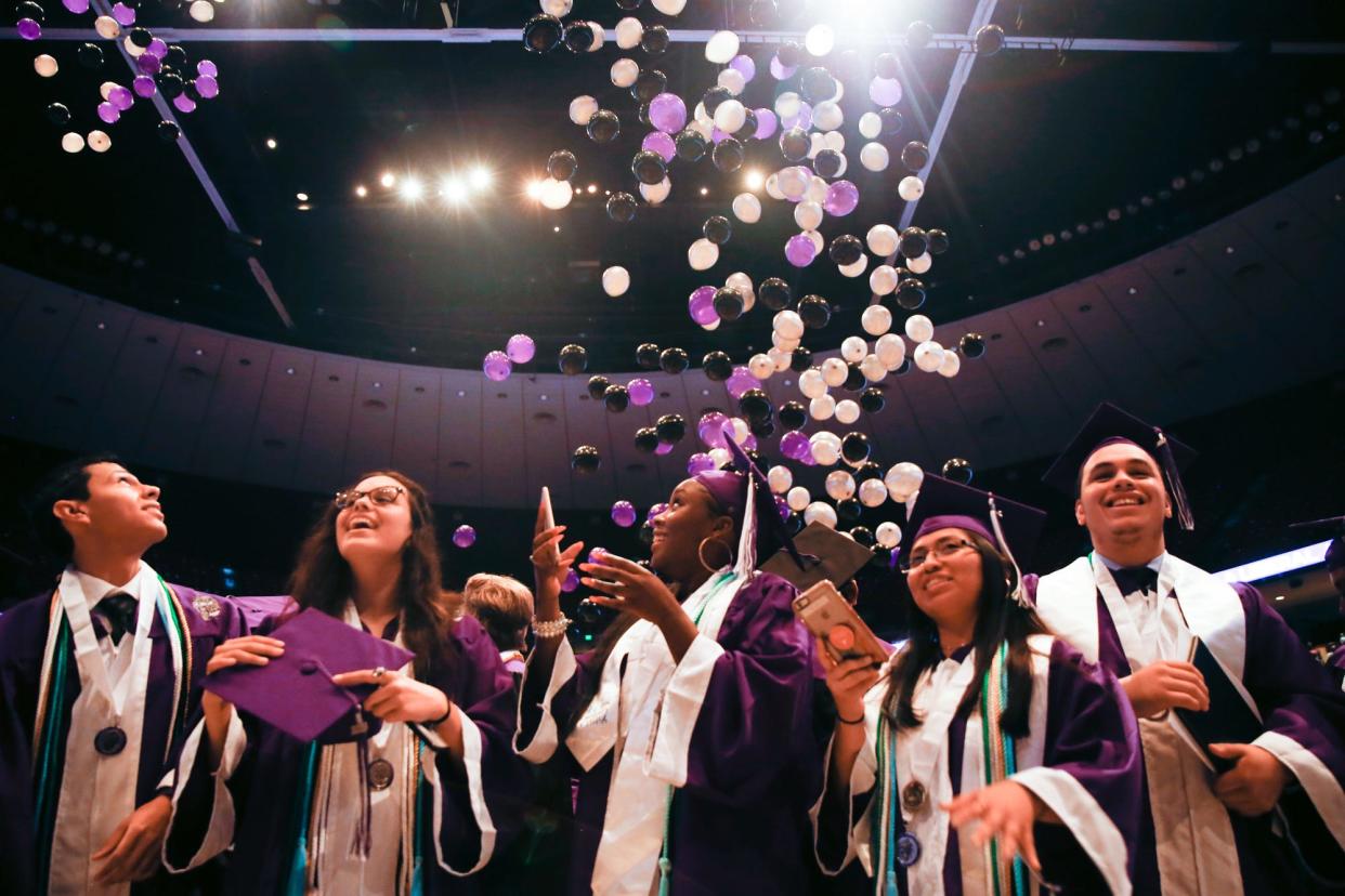 Graduates celebrate during the commencement ceremony for the LBJ Early College High School/Liberal Arts and Science Academy at the Erwin Center in Austin in 2018. The Liberal Arts and Science Academy was ranked as one of the best high schools in Texas in the 2022 list of top public high schools by U.S. News & World Report.