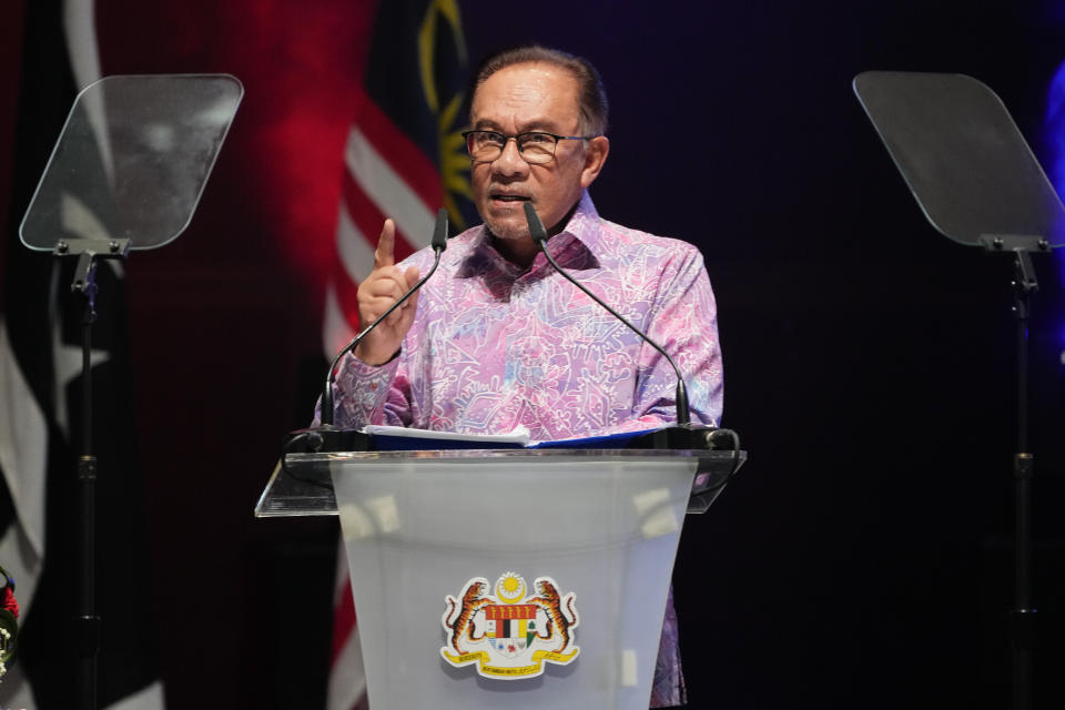 Malaysian Prime Minister Anwar Ibrahim delivers his speech for National Day at a convention centre in Putrajaya, Malaysia Wednesday, Aug. 30, 2023. Anwar made his first National Day address since taking over as Prime Minister in November last year. (AP Photo/Vincent Thian)