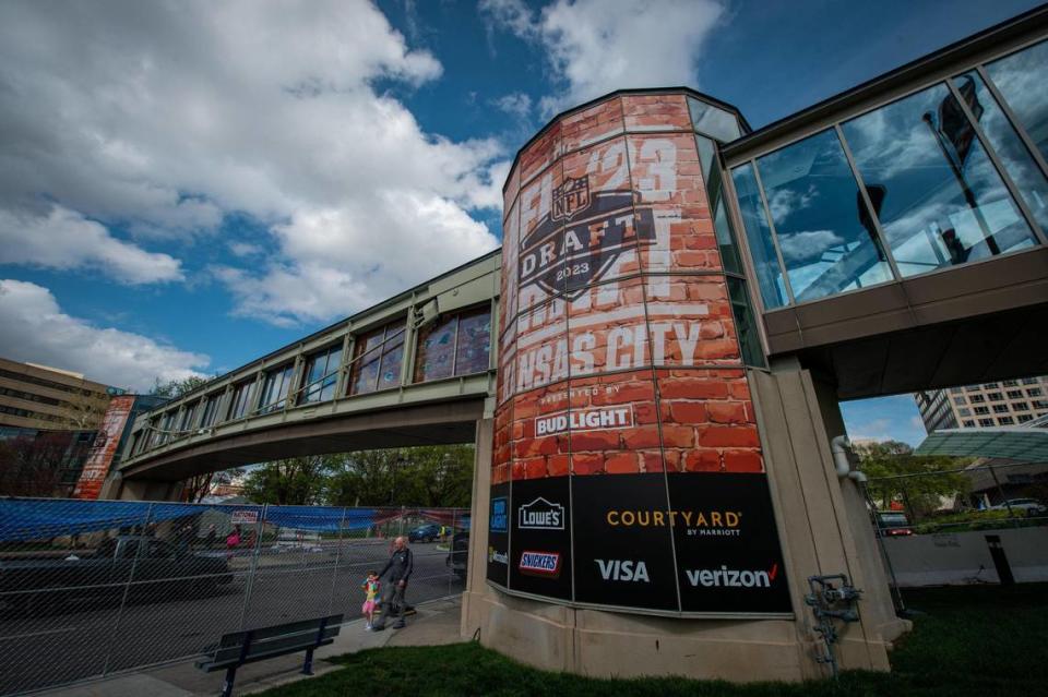 The Link crossing Pershing Road is covered in signage promoting the NFL Draft.