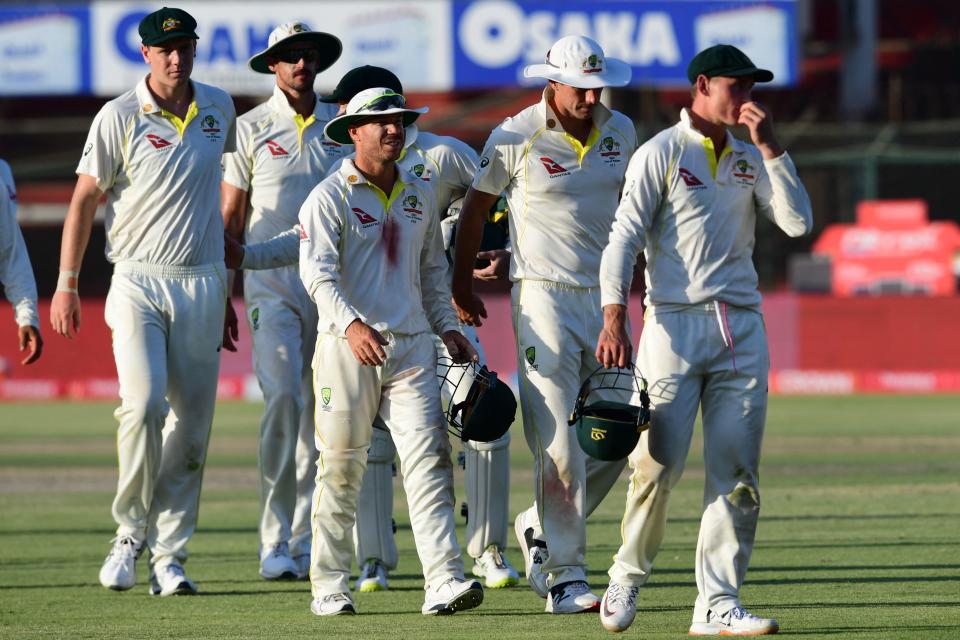 Australian players, pictured here leaving the field after a draw in the second Test against Pakistan.