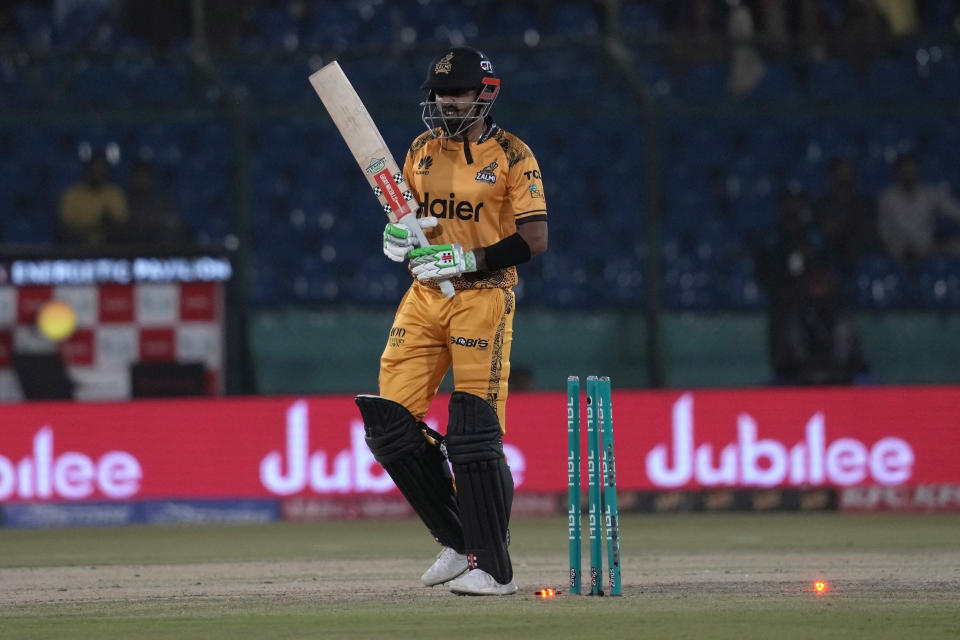 Peshawar Zalmi' Babar Azam reacts after his dismissal during the Pakistan Super League T20 cricket qualifier match between Peshawar Zalmi and Multan Sultans, in Karachi, Pakistan, Thursday, March 14, 2024. (AP Photo/Fareed Khan)