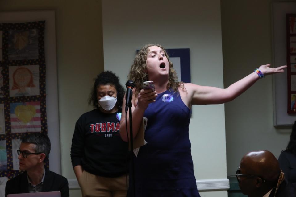 Elena Daniels speaks from the audience during Wednesday’s meeting. William C Lopez/New York Post