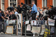 LONDON, ENGLAND - AUGUST 16: Media gather outside the Ecuadorian Embassy, where Julian Assange, founder of Wikileaks is staying on August 16, 2012 in London, England. Mr Assange has been living inside Ecuador's London embassy since June 19, 2012 after requesting political asylum whilst facing extradition to Sweden to face allegations of sexual assault. (Photo by Dan Kitwood/Getty Images)