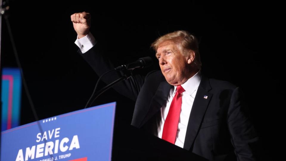 Donald Trump speaks to supporters at a rally in October 2021