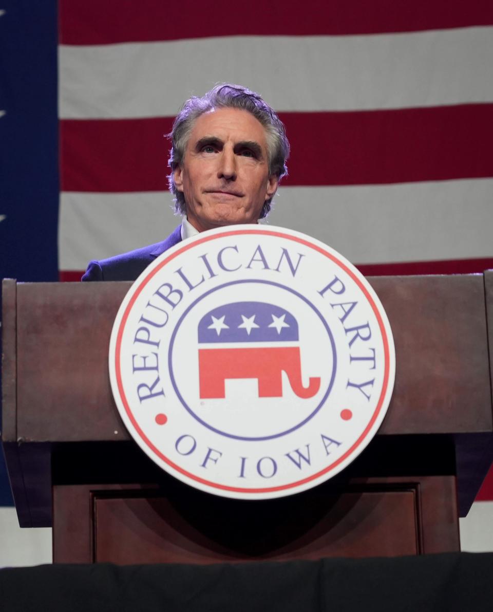 North Dakota Gov. Doug Burgum, a Republican candidate hopeful for U.S. president, speaks during the Lincoln Dinner on Friday, July 28, 2023, at the Iowa Events Center in Des Moines.