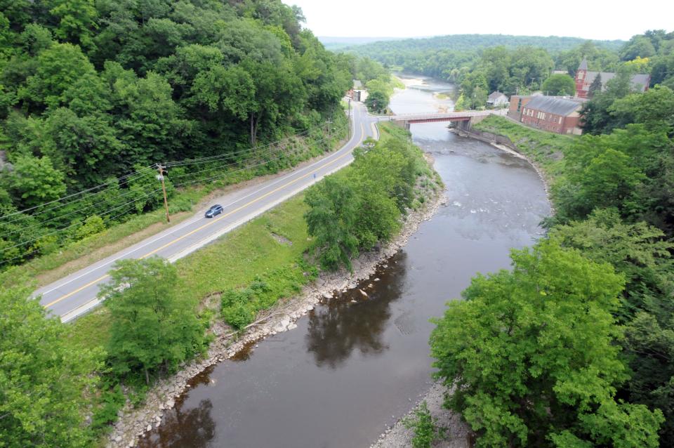 
Route 213 and the Rondout Creek are seen from the Rosendale trestle bridge, which recently reopened as part of an expanded Wallkill Valley Rail Trail. 
