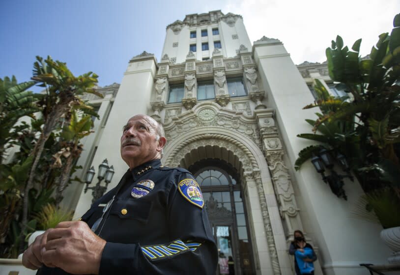 BEVERLY HILLS, CA - MAY 12, 2021: Dominick Rivetti, Interim Beverly Hills Police Chief, is photographed outside of Beverly Hills City Hall, after a press conference there where he announced and discussed the arrest of 3 gang members in the armed robbery at a popular Beverly Hills restaurant on March 4, 2021, where a $500,000 watch was stolen. (Mel Melcon / Los Angeles Times)