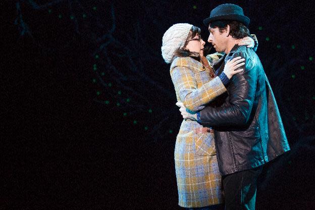 This image released by Polk and Co. shows Margo Seibert and Andy Karl during a performance of "Rocky," a musical based on the iconic film, at the Winter Garden Theatre in New York. (AP Photo/Polk and Co., Matthew Murphy)