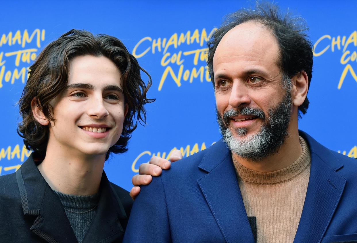 Italian director Luca Guadagnino, right, and his Call Me By Your Name star Timothee Chalamet (Ettore Ferrari/ANSA via AP)