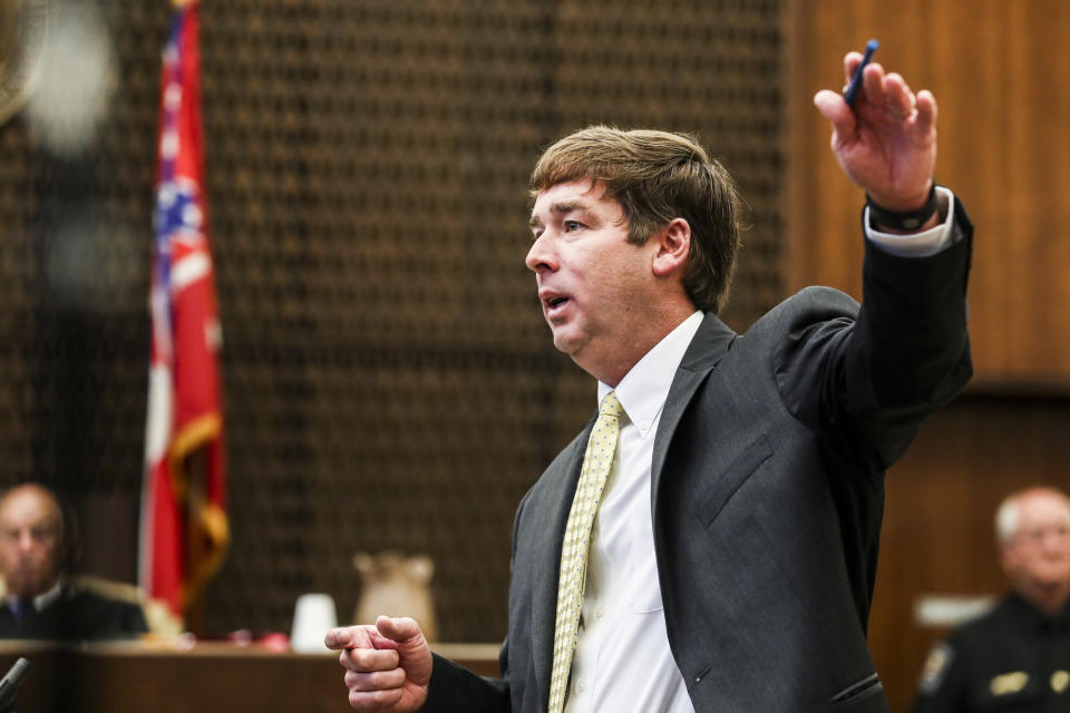 Deputy Prosecutor Jay Hale makes an opening statement on the first day of the retrial of Quinton Tellis in Batesville, Miss., Tuesday, Sept. 25 2018. Tellis is charged with burning 19-year-old Jessica Chambers to death almost three years ago on Dec. 6, 2014. Tellis has pleaded not guilty to the murder. (Brad Vest/The Commercial Appeal via AP, Pool)