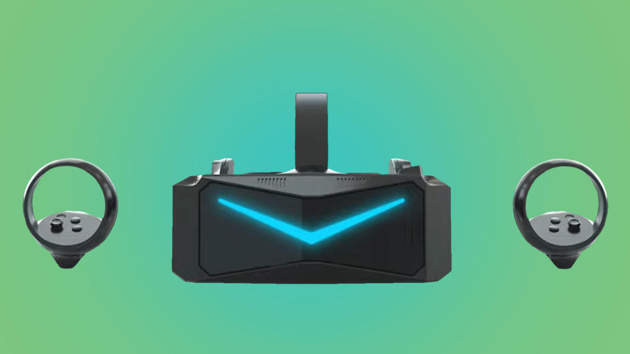  The Pimax 12k qled vr headset front on on a green and blue gradient background 