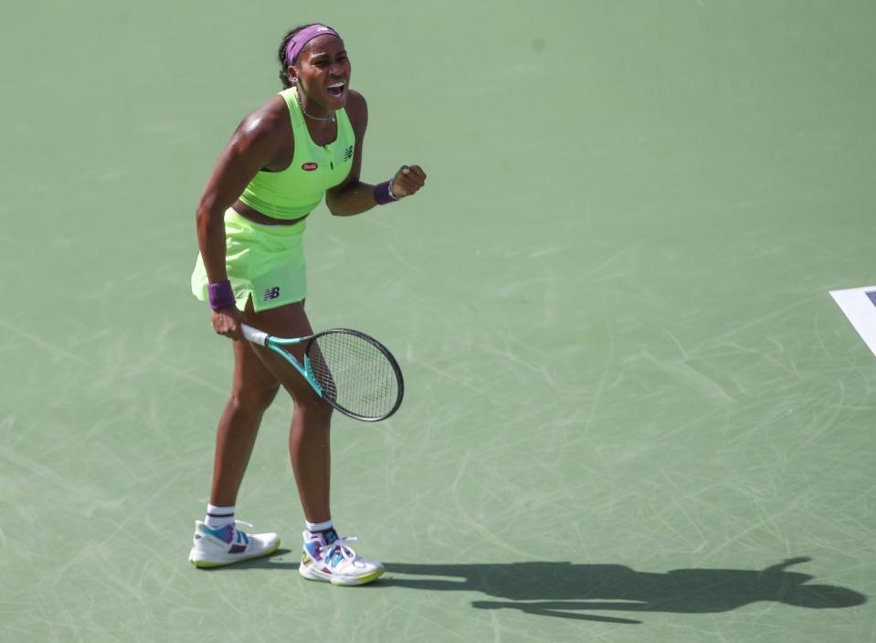 Coco Gauff celebrates a point win during her match against Clara Burel during the BNP Paribas Open in Indian Wells, Calif., March 9, 2024.