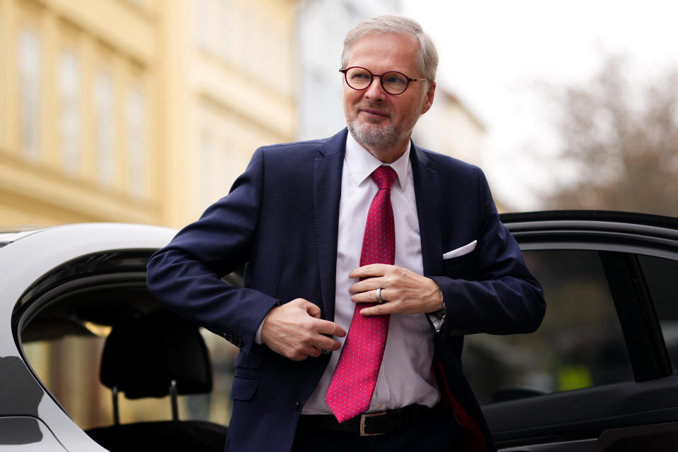 Czech Republic's Prime Minister Petr Fiala arrives for the V4 meeting in Prague, Czech Republic, Tuesday, Feb. 27, 2024. (AP Photo/Petr David Josek)