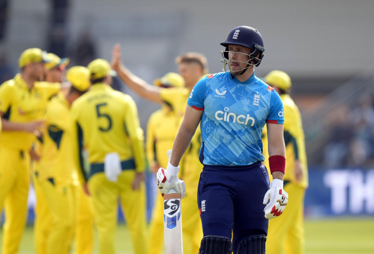 England's Liam Livingstone walks off the pitch after losing his wicket during the second One Day international match between England and Australia at Headingley, Leeds, Saturday Sept. 21, 2024. (Danny Lawson/PA via AP)